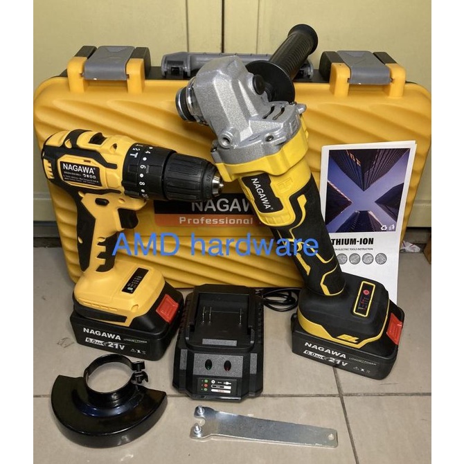 Paket Cordless Gerinda + Mesin Bor Impact Tembok Nagawa Nck1010 Batere