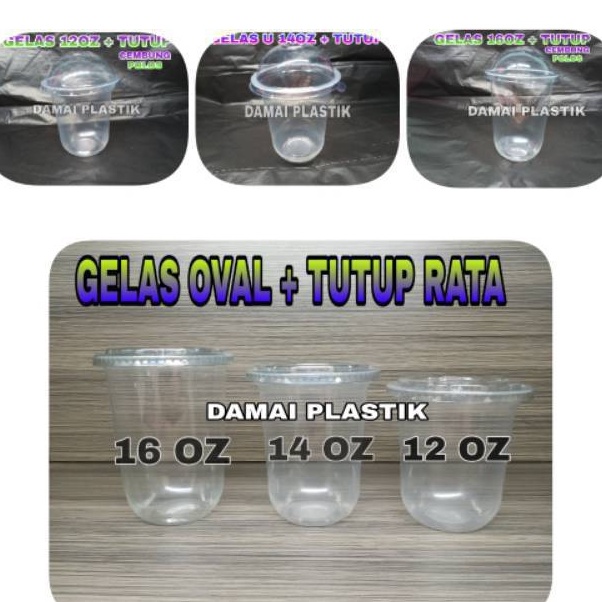 Buruan Beli Gelas Oval + Tutup Cembung 16oz 14oz 12oz Cup U + Lid  Cup 16 oz 14 oz 12 oz Gelas Plast