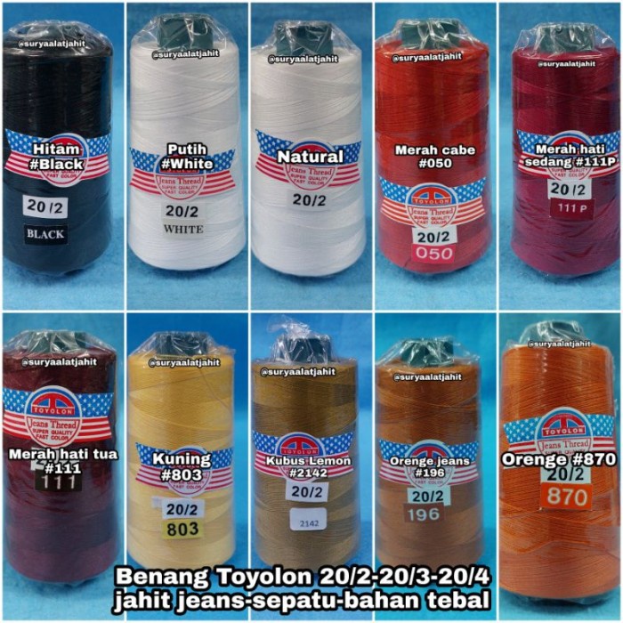 

BENANG TOYOLON 20/2-3000YARD U JEANS,BAHAN TEBAL ISI 6ROL