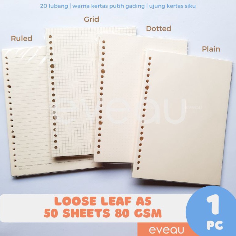 Terkini Loose Leaf A5 50 lembar 80 gsm Kertas Isi Binder Warna Putih Gading | Motif Plain Grid Ruled