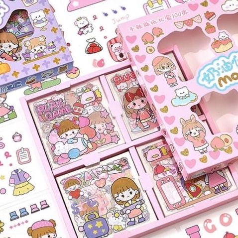 

[EL/❤Y❤> STICKER LUCU KARTUN KOREA WATERPROOF / STICKER DECO / STICKER MOMO ELLIE NINI / Aesthetic / Bujo / Scrapbook 1 BOX ISI 100 PCS / MAINAN STICKER - viiral!