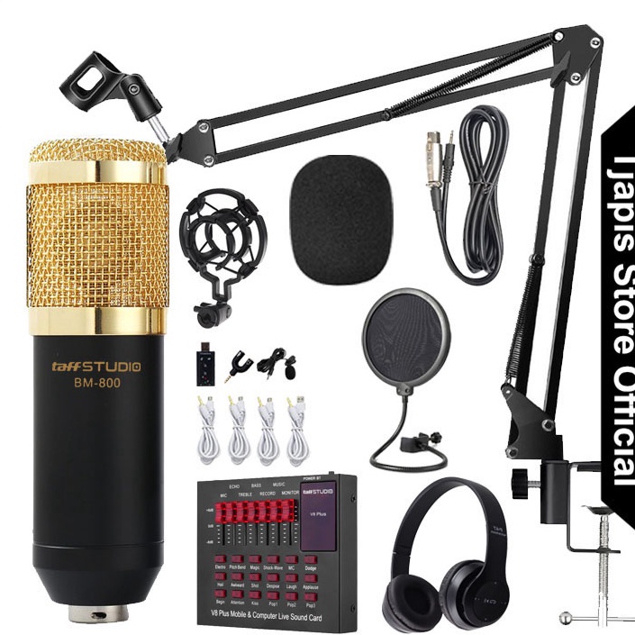 ➻➶✱✼ PAKET KOMPLIT MIC CONDENSER STAND ARM BM 800 BM 8000 ORIGINAL TAFFSTUDIO + SOUNDCARD V8 + HEADP