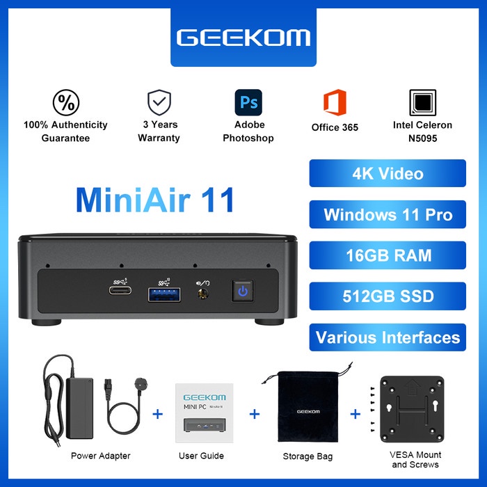 Terlaris Mini Pc Geekom Miniair 11 N5095 16/512Gb Dual Hdmi Wifi Windows 11 Pro