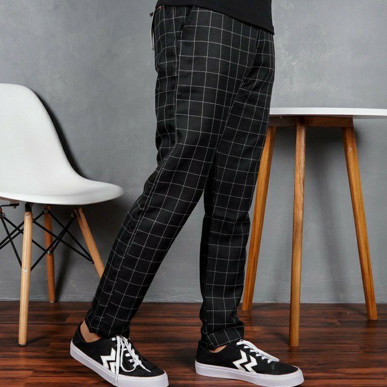 SMYX3633  Celana Chino Tartan Pria Ankle Pants Motif Kotak Kotak Panjang Cowok Salur Model Korea Sli