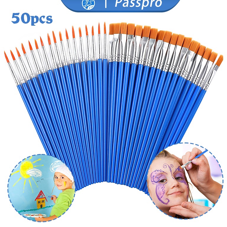 

Termurah 50PCS Kuas Lukis Akrilik Bulu Nilon Cat Air / Minyak Set Paintbrush Ujung Pointed Dan Flat - Artist Paint Brush