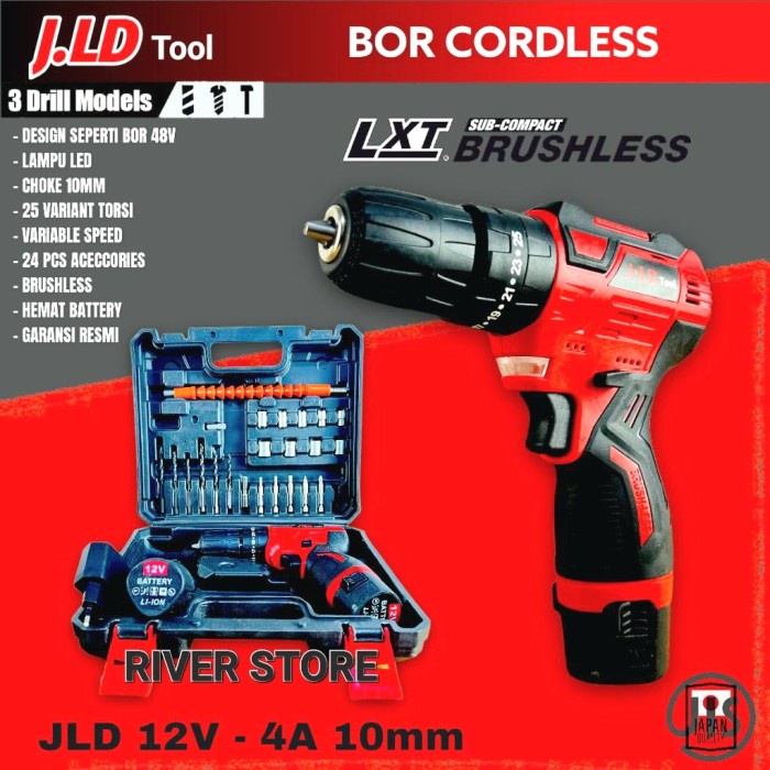 Mesin Bor 10MM Cordless JLD 12V - 4A Brushless Baterai Premium Edition