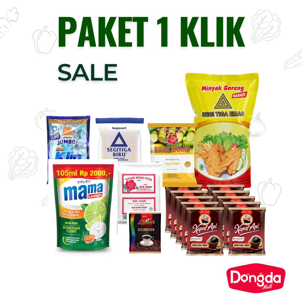 

DONGDA * Paket 1 KLIK: KAPAL API + TEPUNG ROSE BRAND+ GULA ROSE BRAND+ TEPUNG SEGITIGA BIRU+ MINYAK GORENG