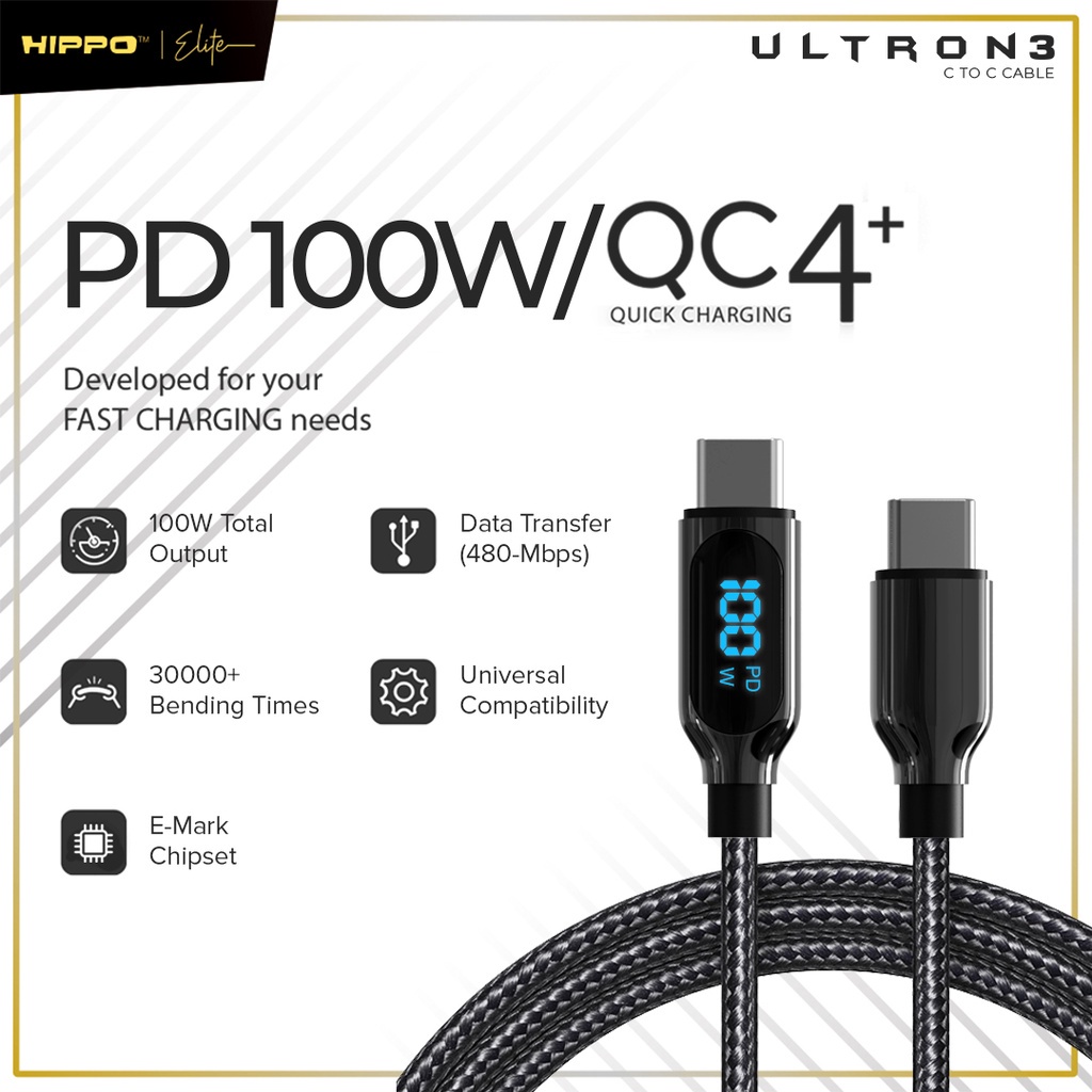 Hippo Kabel Data Super Fast Charging Ultron 3 Type C to Type C 5A 100 W 120 CM Quick Charge 3.0 Quick Charging Data Cable Android Braided Casan Handphone LED Indicator