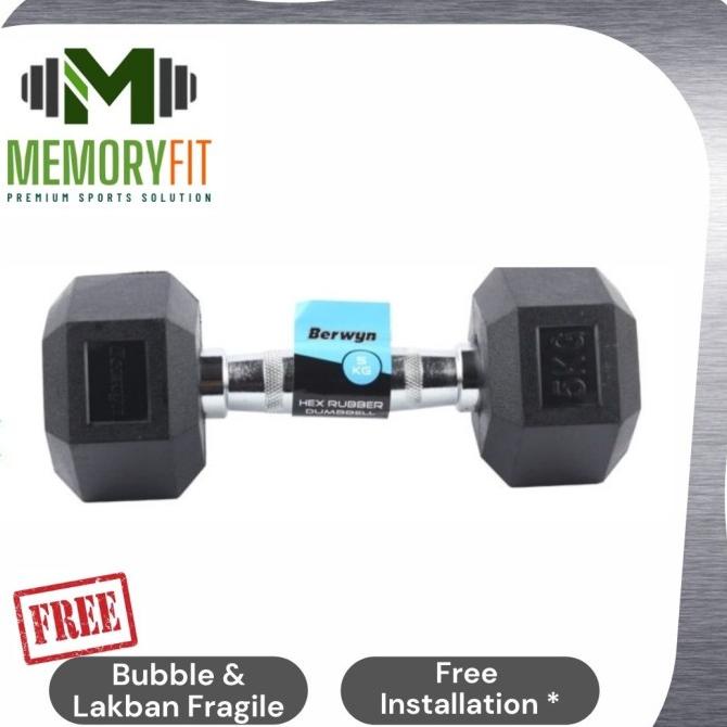 BERWYN HEXAGONAL 5 KG RUBBERISED DUMBBELL / DUMBELL (LAPISAN KARET)