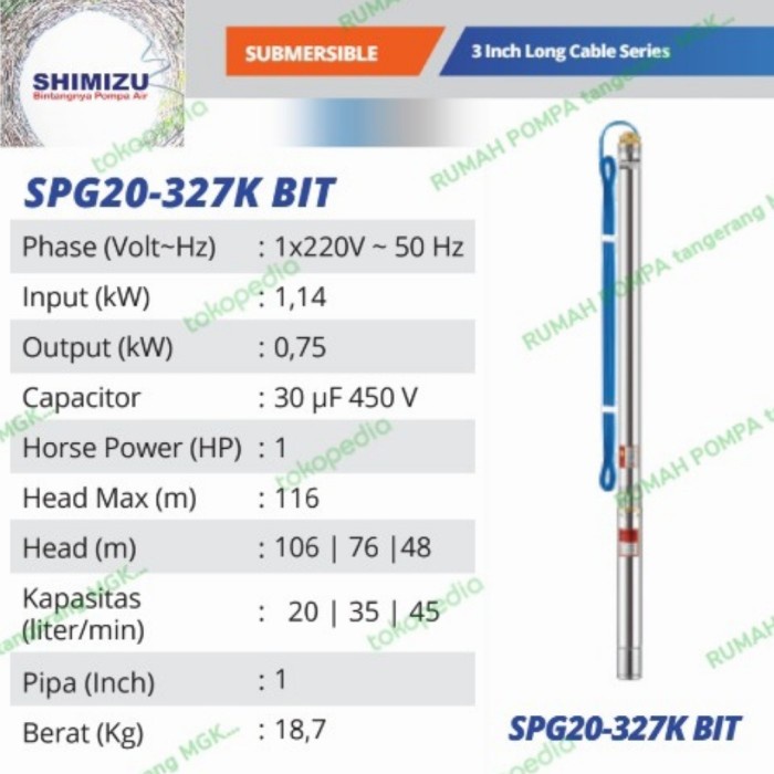 POMPA SATELIT SHIMIZU 1HP 3INCH PLUS KABEL SUBMERSIBLE SHIMIZU
