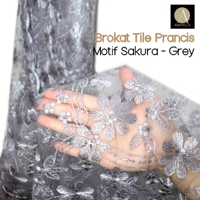 1/2 Meter Kain Brokat Tile Prancis Motif Sakura Grey