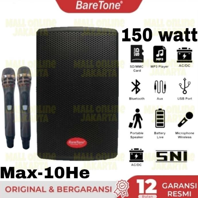 Baretone Max10He Speaker Aktif portable Max 10He 10 inch TWS Bluetooth