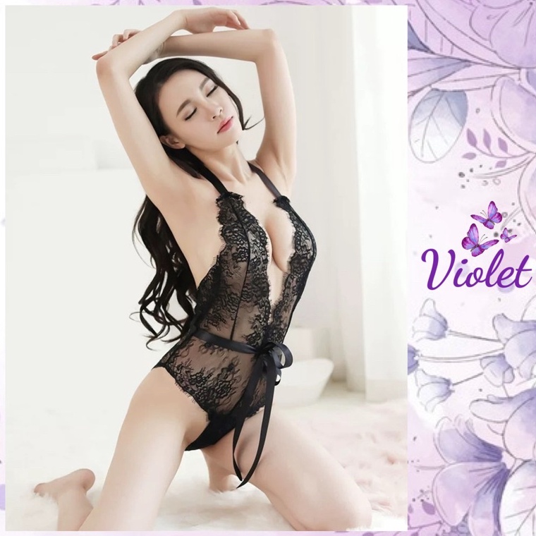 REKOMENDASI Violet Lingerie Jumpsuit Seksi Renda Transparan With Waist Strap Elegan Menggoda 1049
