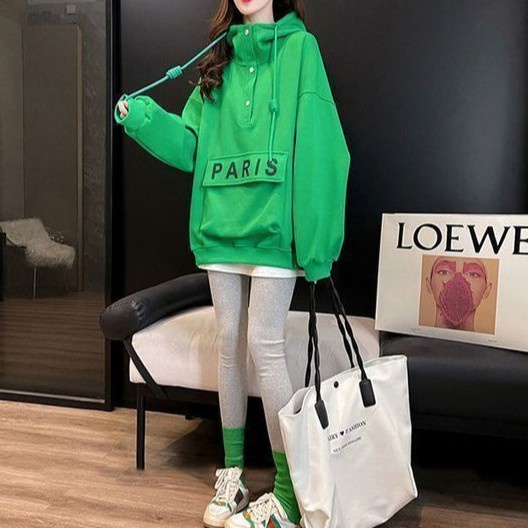 Hoodie Outer Sweater Atasan Wanita Fleece Green Kancing Depan Oversize