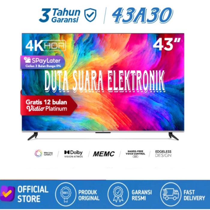 Tcl 43 Inch Smart Tv-4K Uhd-Dolby-Atmos-Hfvc 2.0 -Memc- 43A30