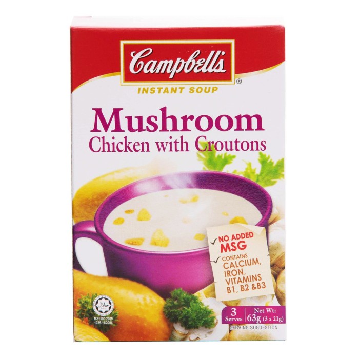 

CAMPBELLS INSTANT SOUP - CHEESE/ CHICKEN/ CORN/MUSHROOM