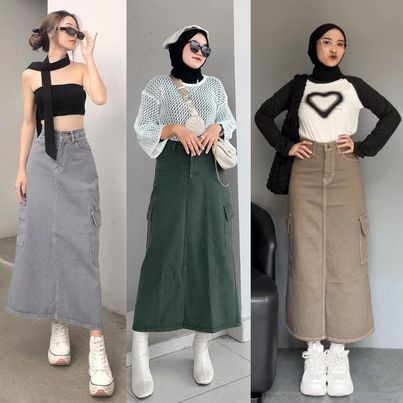 Rok Span Kimpul Wanita Highwaist Rok Cargo Jeans Warna Hijau Tua Light Grey