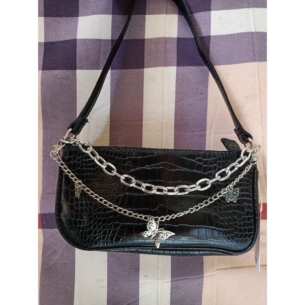 Tas Bahu Wanita Kulit KKV-Hitam glossy Black Leather Shoulder Bag