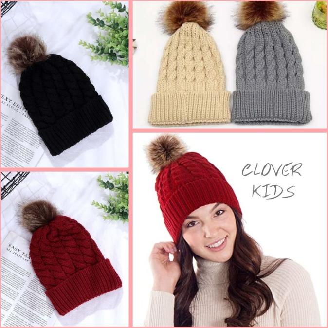 Terbaru Topi Kupluk Rajut Wool Winter Pompom Tebal Korea Import Wanita