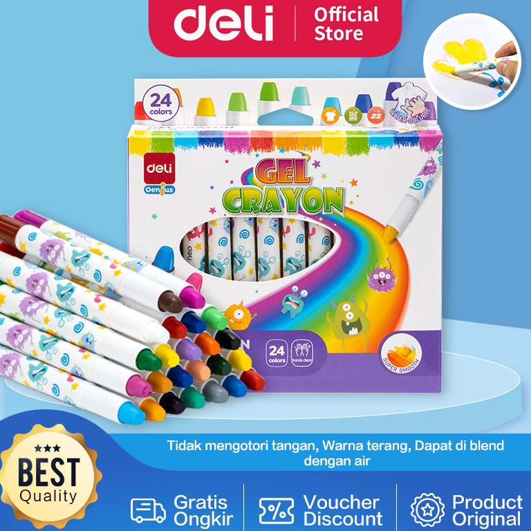 

3.3 STOK READY Deli Gel Crayon / Krayon 12 24 Warna Tidak Mengotori Tangan Bersertifikat Aman EC211