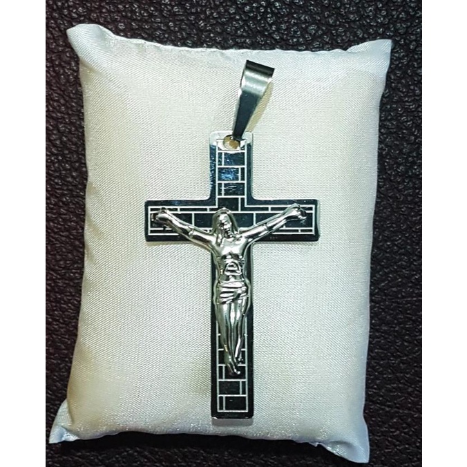 Kalung Balok+Leontin Salib Orang Putih Plat, Besi Putih Asli Ambon