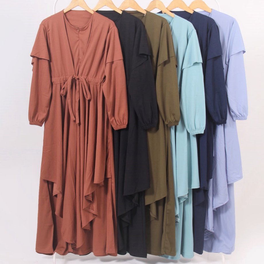 (63E✃➤❄ Gamis busui mayung rok ruffle mewah polos tali pinggang serut bahan voxy premium merk hf (19