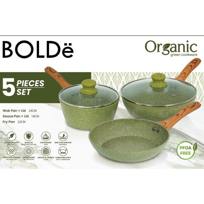 Bolde Super Pan Organic Green Wok Set 5 Pcs Panci Keramik Anti Lengket
