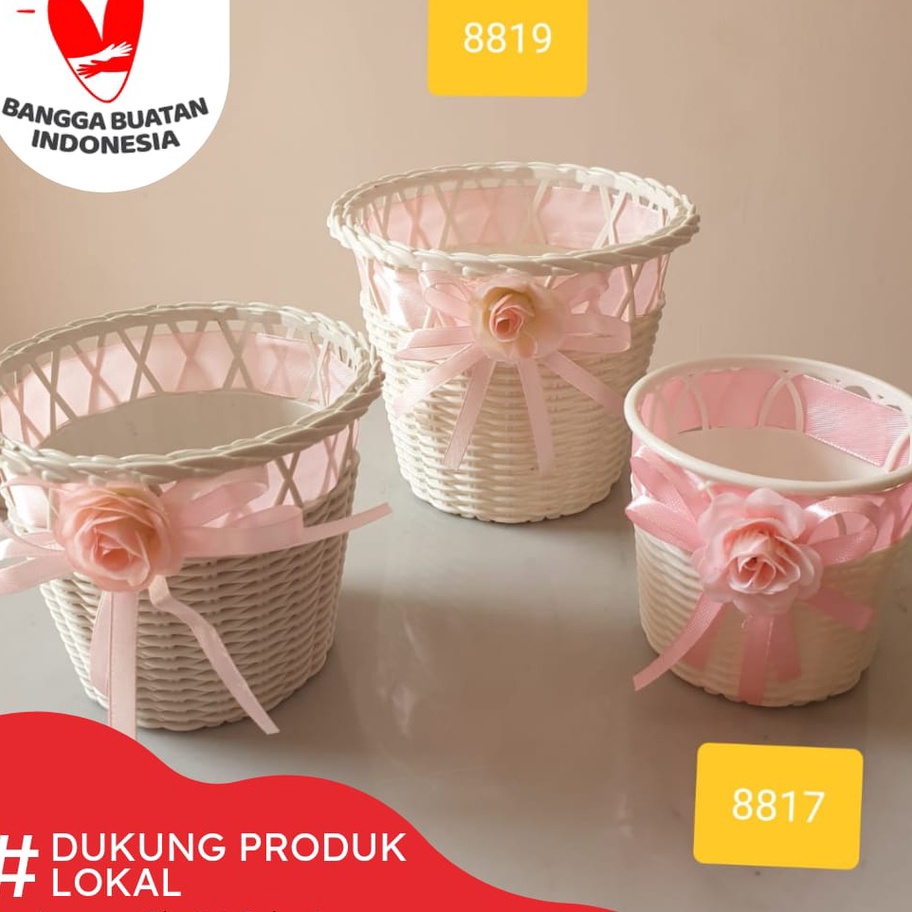 Model Baru sg 8818 VAS BUNGA ROTAN BESAR PITA PINK pot rotan besar / pot bunga rotan vas pita vas pu