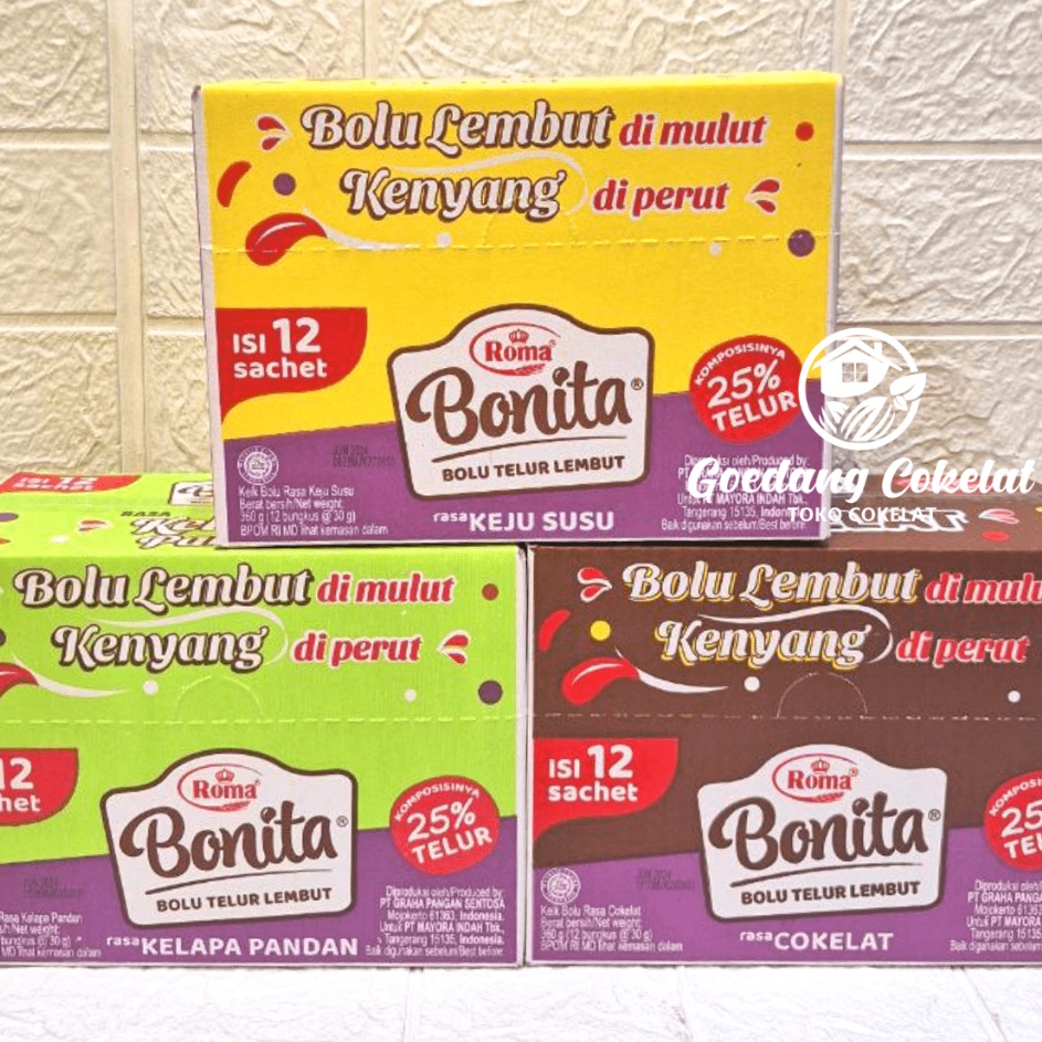 

Best Seller Roma BONITA Bolu Telur Lembut Chocolate Cokelat Keju Susu Kelapa Pandan Kemasan Box 12pcs x 30g