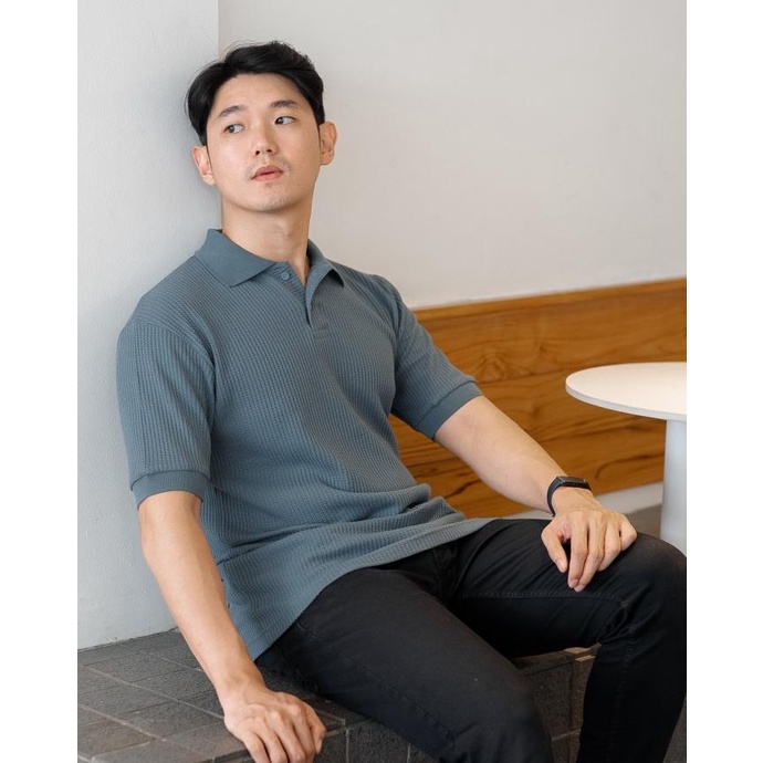 Shibuya Polo Waffle - Kaos Polo Waffle In Stone Blue
