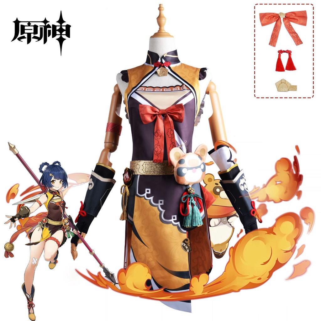 【Fantasy Dragon】Genshin Impact Xiangling Cosplay Costume and Xiangling wig, Xiangling shoes,Xianglin