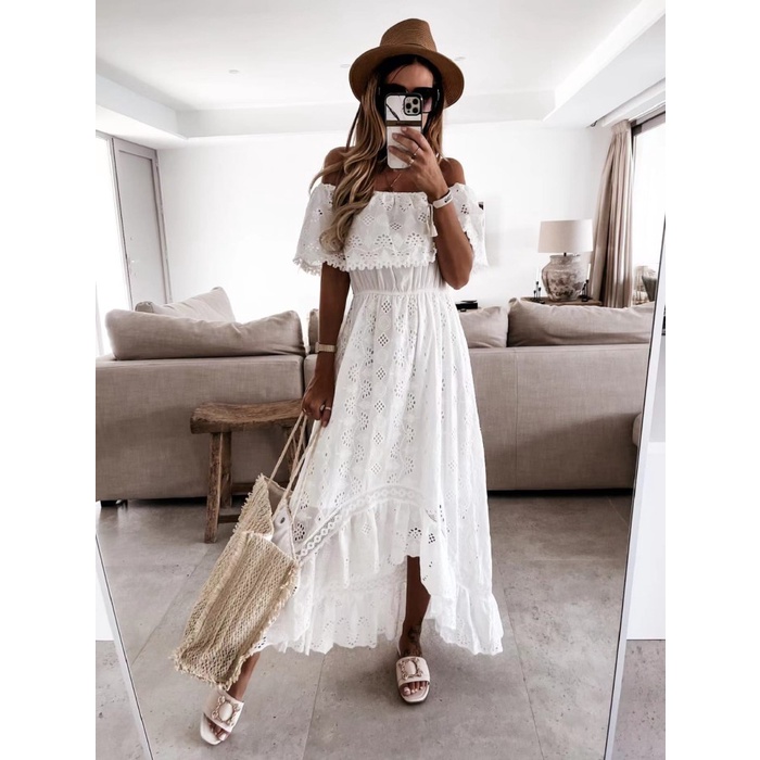 white sabrina long dress pantai wanita / casual summer dress beachwear