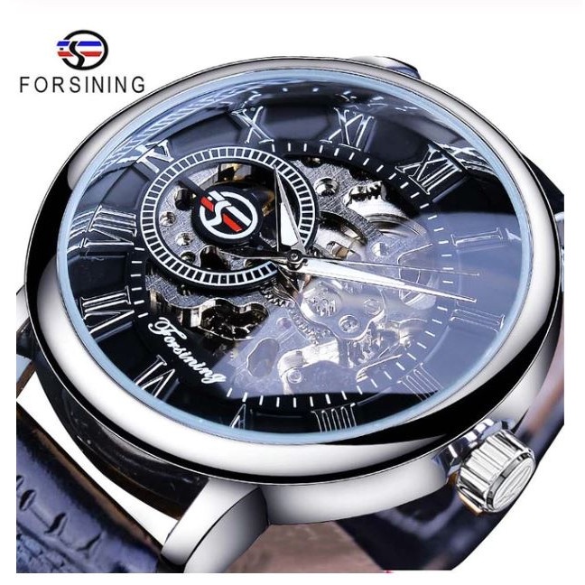 {XLShop} Jam Tangan Pria Mekanik Automatic Forsining Skeleton 3D Original - Black Silver Berkualitas