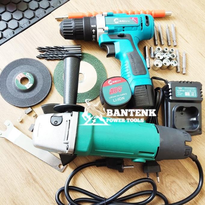 Paket Bor Cordless 18 V Dan Gerinda Tangan Mailtank Bor Batre