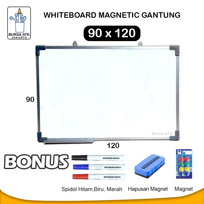 

Papan Tulis Magnetic Whiteboard Gantung 90X120 Spidol H,M,B Mgt, Hpsn Berkualitas