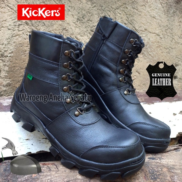 Sepatu Boots Safety Kickers King Resleting Kulit Asli Ujung Besi Touring Bikers Semi Boots Low Tali 