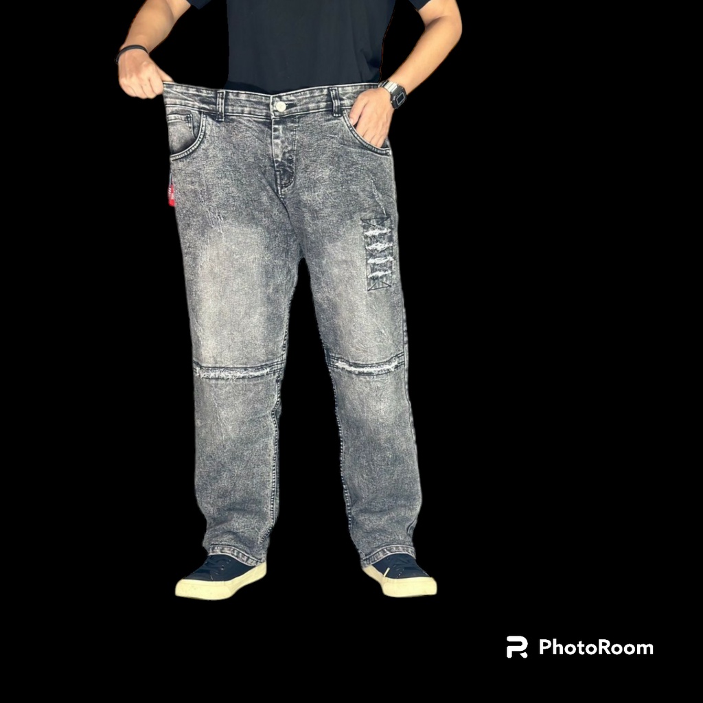 Celana Jeans Panjang Pria Jumbo Skinny Sobek Lutut Ripped Biker's Big Size Pria Sobek Lutut Ukuran B