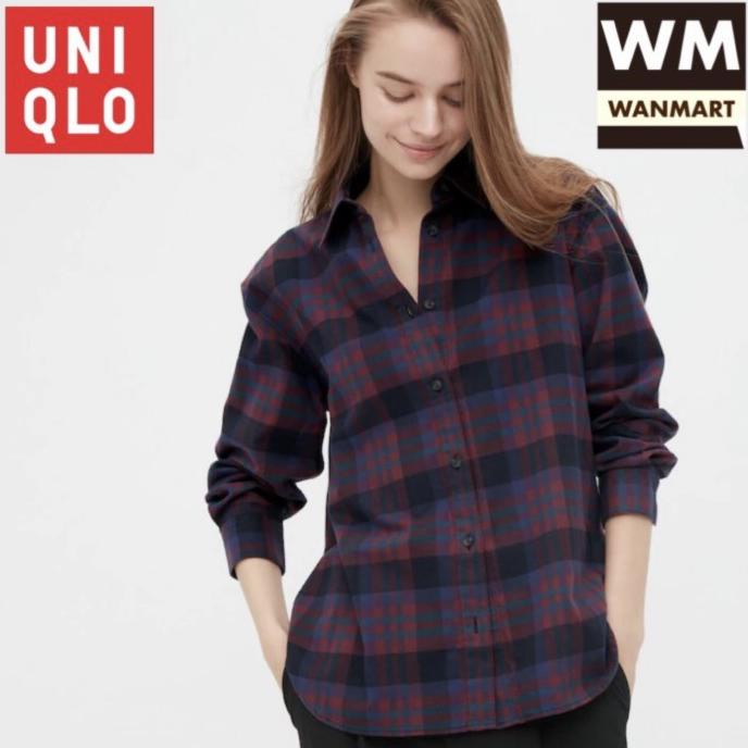 Wajikclothes Uniqlo Women Kemeja Flannel Kotak Wanita Lengan Panjang Navy Flanel Limited Edition