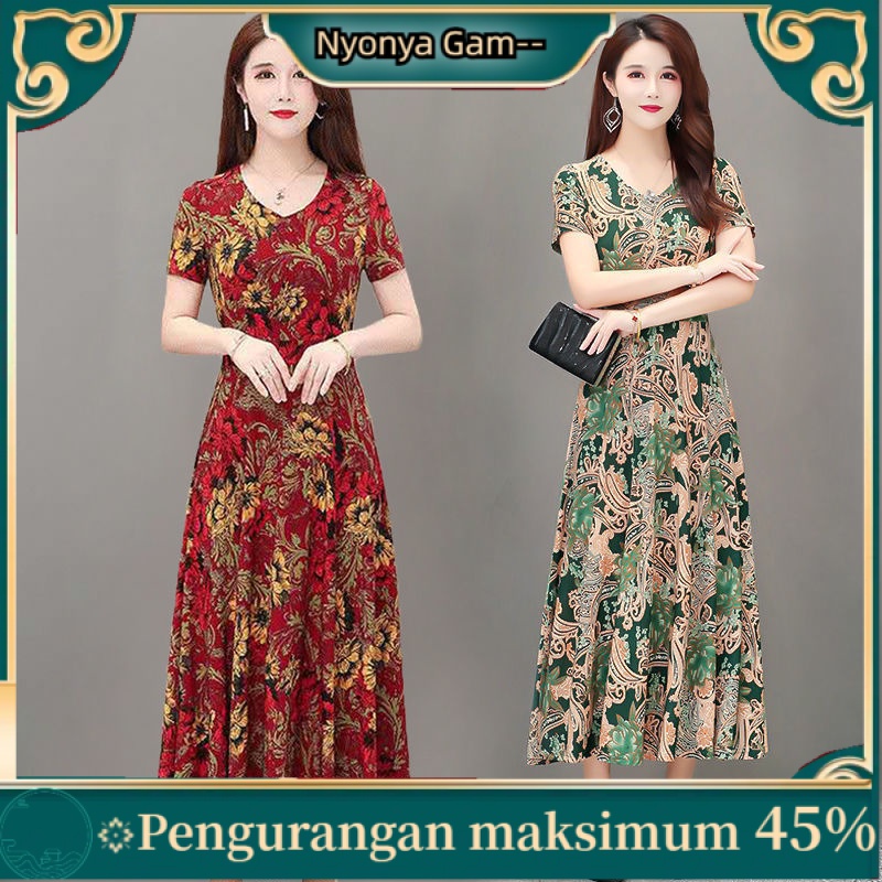 Nyonya Gam gaun wanita paruh baya dan tua 2020 musim panas baru gaun ibu rok panjang ukuran besar lo