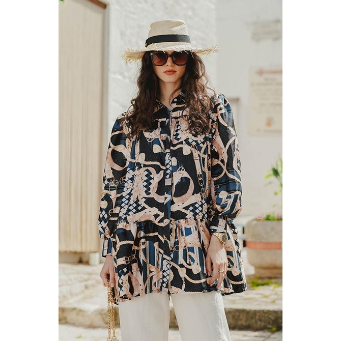 New Benang Jarum - The Chain La Bella Satin Shirt With Gathers - Black Limited Edition