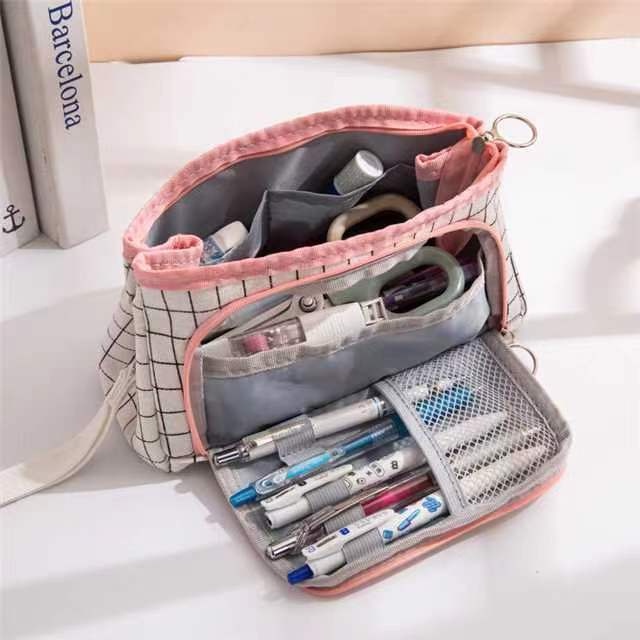 

Tas Sil Kotak-Kotak Kanvas Sederhana Tas Kosmetik Kapasitas Besar Tas Alat Tulis Portabel Siswa