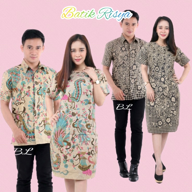 BAJU PASANGAN COUPLE PRIA WANITA - DRESS LENGAN PENDEK & KEMEJA - MOTIF BURUNG MERAH PINK PUTIH SIZE