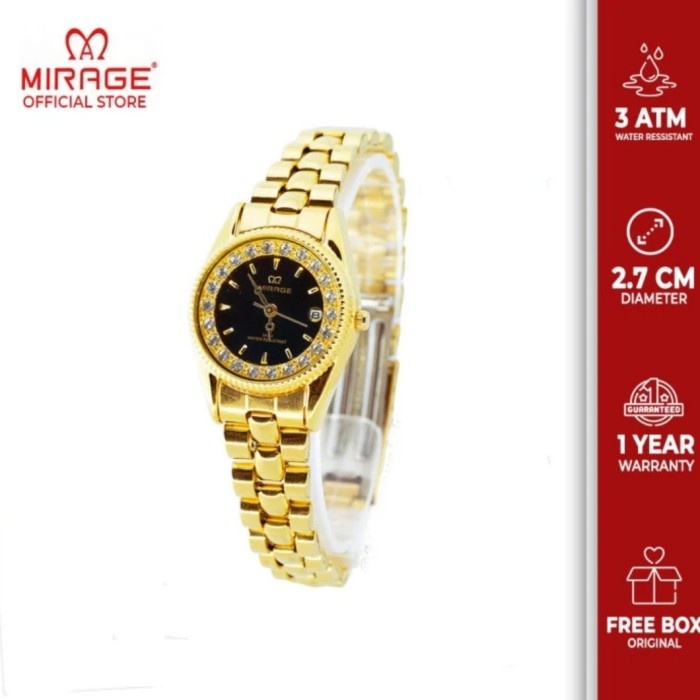 ✅Ori Jam Tangan Wanita Mirage Permata 1580 Gold Hitam Original Bisa Gojek