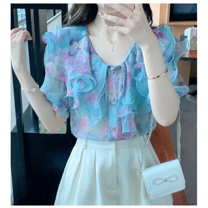 [New] Blouse Atasan Wanita Motif Bunga Biru Warna Warni Korea Lengan Pendek Bisa Gojek