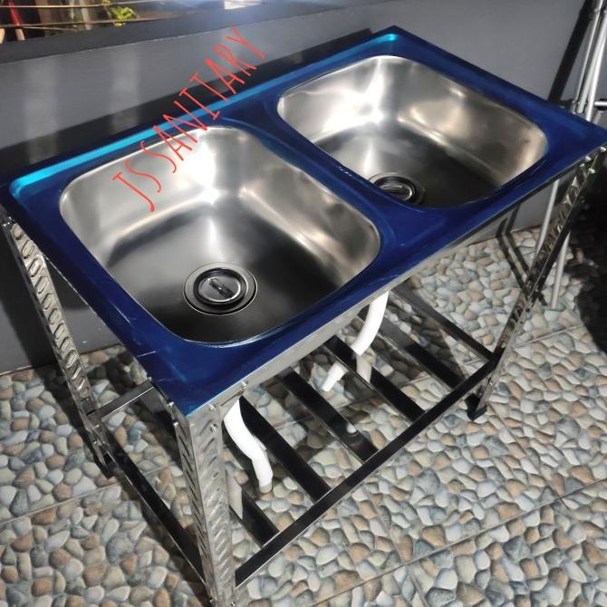 Bak Cuci Piring Meja Stainless + Kaki Portable 2 Lobang 80Cm