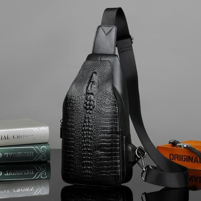 ✨Original Tas Selempang Kulit Buaya Sling Bag Slempang Pria Cowo Usb Mp3 Black Terbaru