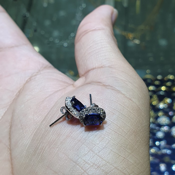 ✨Termurah Giwang Mata Biru Safir Eleganlook Emas Putih 750 Bisa Sameday