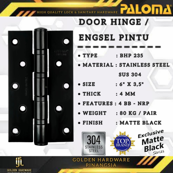 [Ori] Paloma Bhp 235 Engsel Pintu 6 Inch Engsel Kupu Kupu Stainless Black Diskon