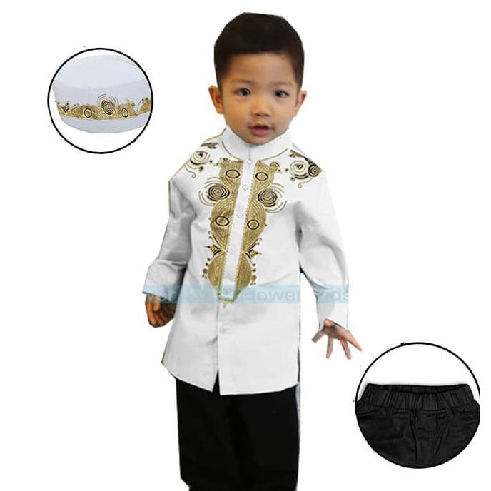 FO1909 - Baju Setelan Lebaran Koko Anak Laki Laki Putih Bordir Emas