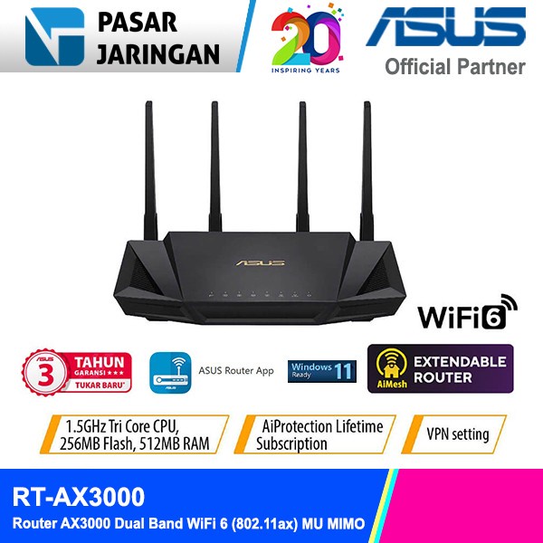 ASUS RT-AX3000 Router AX3000 Dual Band WiFi 6 (802.11ax)